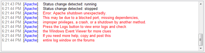 Contoh Pesan Error Apache Shutdown Unexpectedly